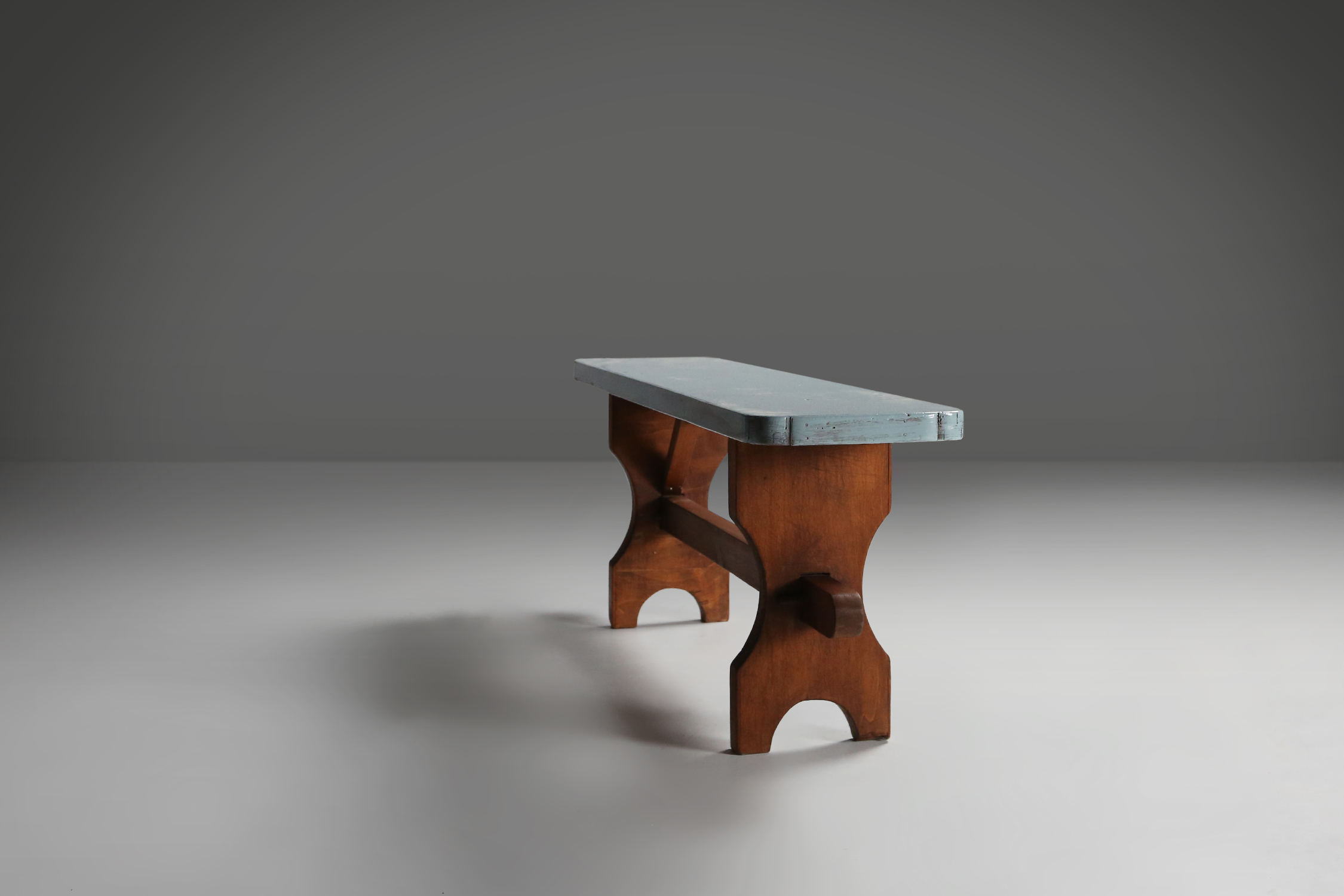 Rustic Wooden Bench with Blue Top, France, 1930sthumbnail